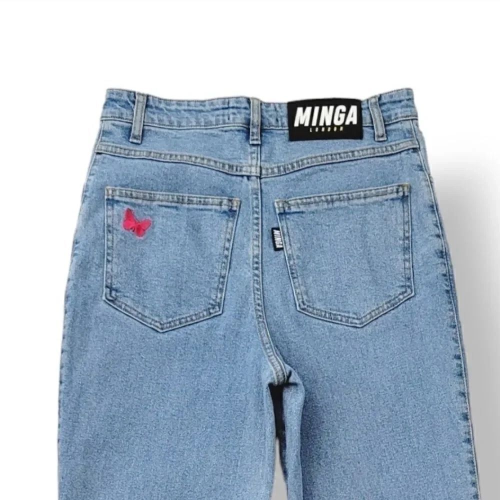 New Minga London High Rise Crop Flare Embroidered Flowers Light Wash Denim 2/26 — image 5 of 8